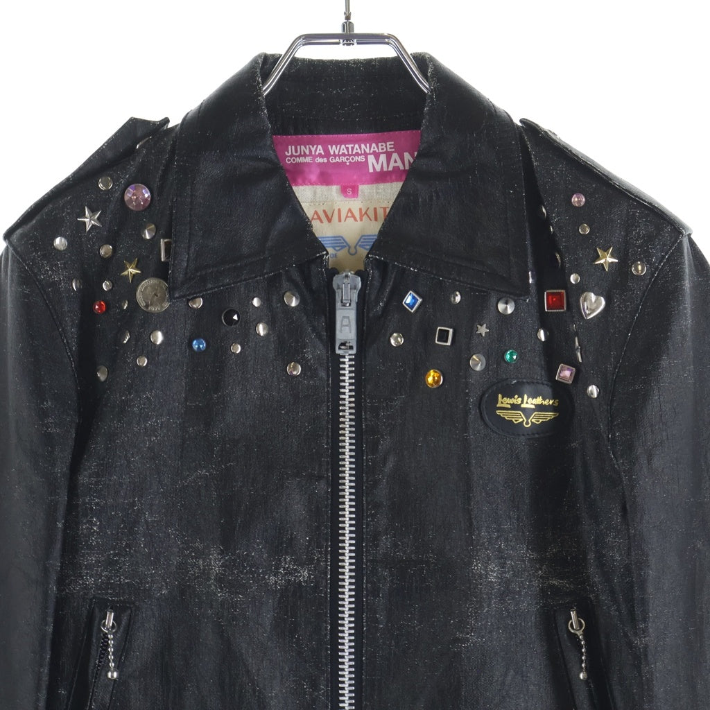 JUNYA WATANABE COMME des GARCONS(ジュンヤワタナベ コムデギャルソン) 02SS AD2002 ×Lewis Leathers シルバースタッズ ジュエリー装飾 スタッズシングルライダースジャケット ブラック