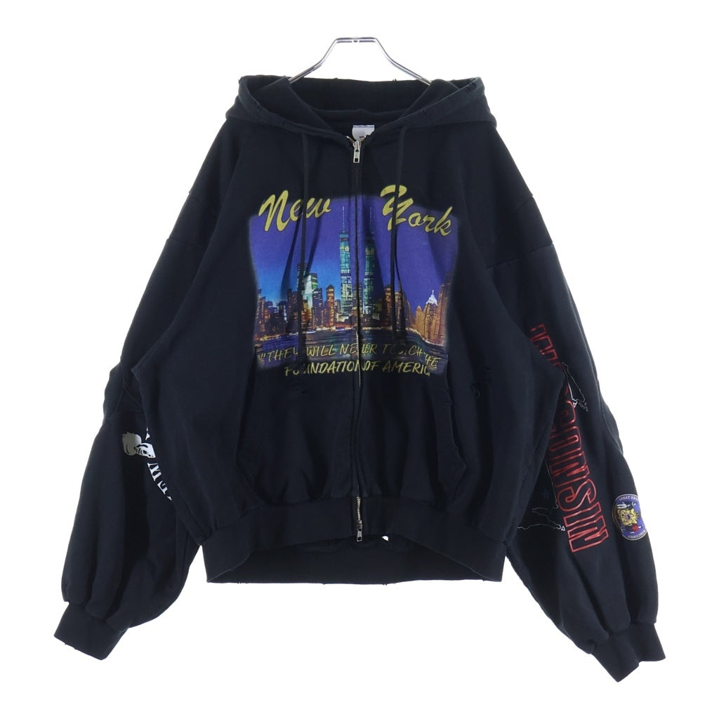 NO BRAND(ノーブランド) Protocol Index(プロトコル インデックス) 26SS RECONSTRUCTED SWEATSHIRTS ZIP HOODIE 再構築 ドッキング ダメージ加工 両面プリント