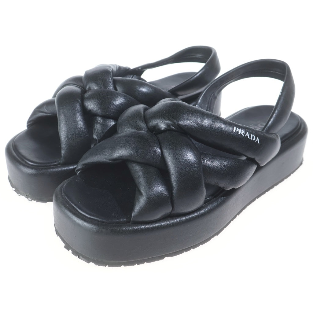 PRADA(プラダ) ロゴプリント ナッパレザー フラットフォームサンダル レディース ブラック 1XZ747