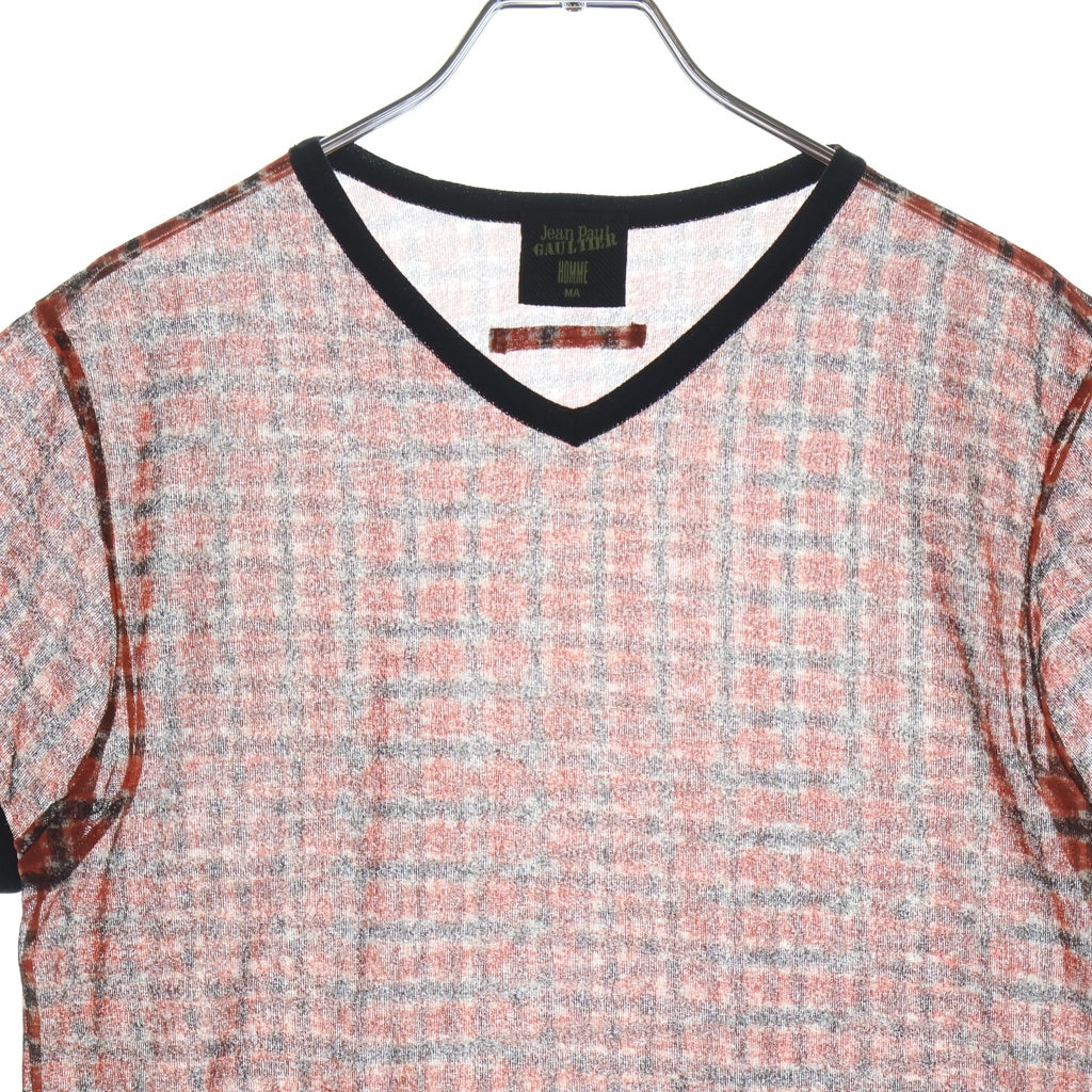Jean Paul GAULTIER(ジャンポールゴルチエ) ポリエステル チェック総柄 シアー半袖Tシャツ カットソー レッド