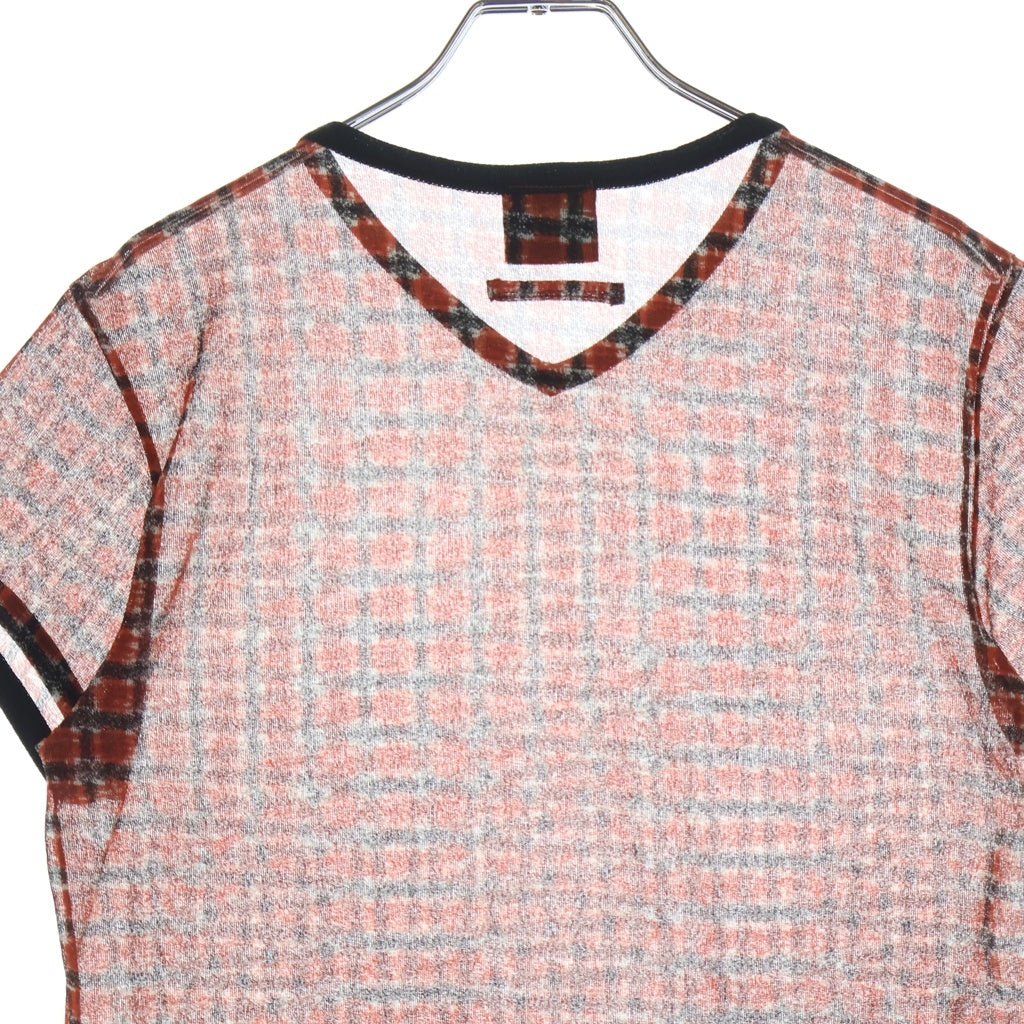 Jean Paul GAULTIER(ジャンポールゴルチエ) ポリエステル チェック総柄 シアー半袖Tシャツ カットソー レッド