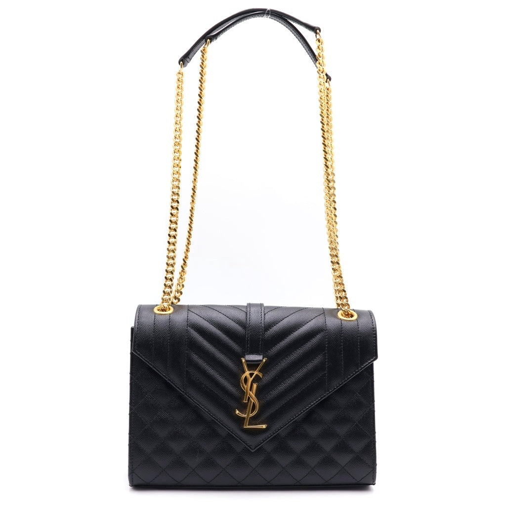 SAINT LAURENT PARIS(サンローランパリ) エンヴェロップ ミディアム グレイン ド プードル キルティングレザー チェーン ショルダーバッグ ブラック/ゴールド 600185 レディース
