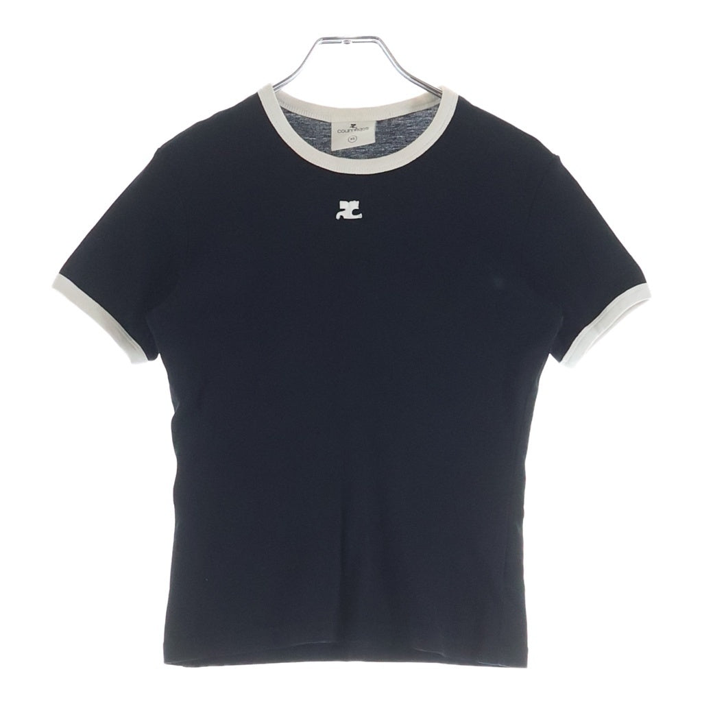 COURREGES(クレージュ) ロゴ刺繍 リブ袖クルーネック半袖Tシャツ レディースカットソー ブラック JS00709901