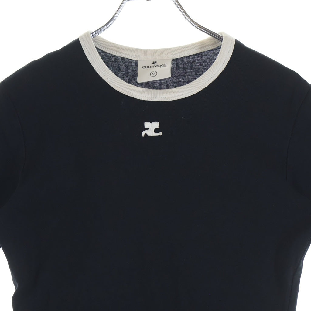 COURREGES(クレージュ) ロゴ刺繍 リブ袖クルーネック半袖Tシャツ レディースカットソー ブラック JS00709901