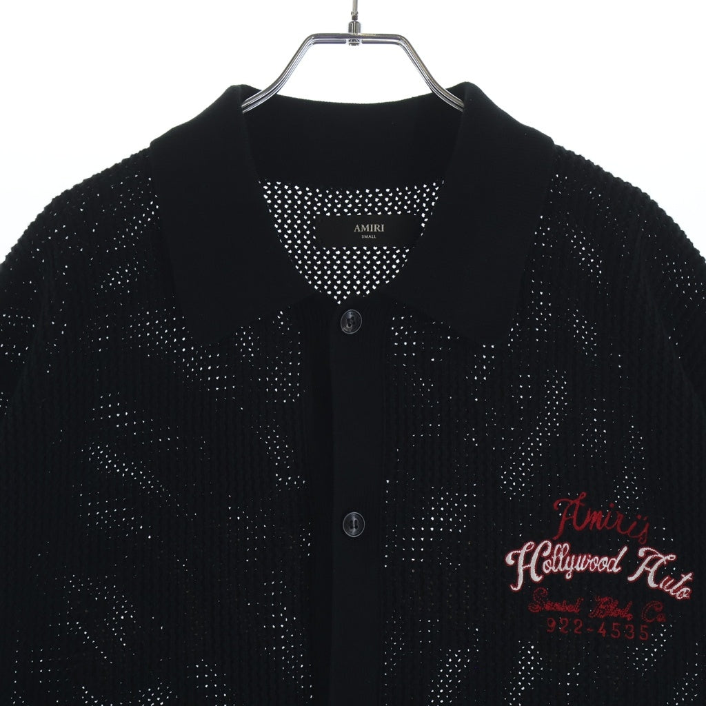 AMIRI(アミリ) 25AW HOLLYWOOD AUTO MESH SHIRT ハリウッドオートメッシュ コットン 両面ロゴエンブロイダリー 半袖ニットシャツ ブラック AMKNIR1028