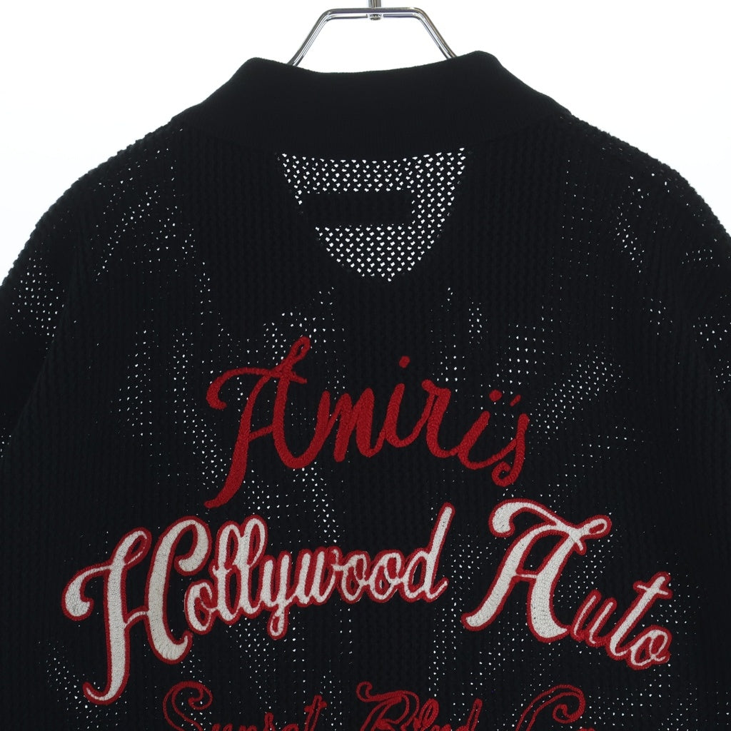 AMIRI(アミリ) 25AW HOLLYWOOD AUTO MESH SHIRT ハリウッドオートメッシュ コットン 両面ロゴエンブロイダリー 半袖ニットシャツ ブラック AMKNIR1028