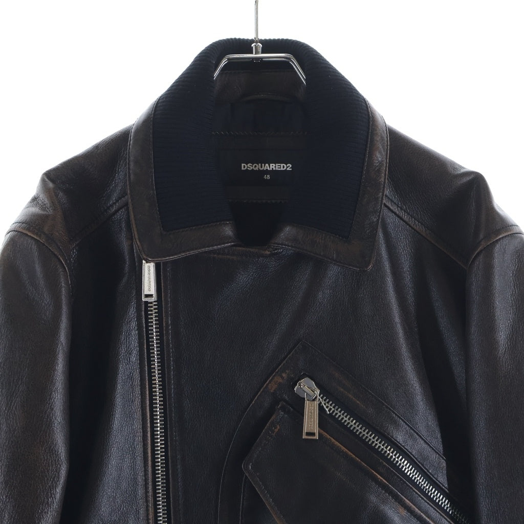 DSQUARED2(ディースクエアード) エイジング ユーズド加工 カウレザー ダブルライダースジャケット ブラウン S74AM0743