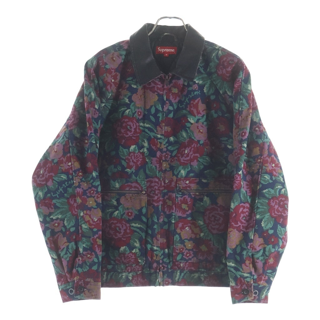 SUPREME(シュプリーム) 20AW Leather Collar Work Jacket 襟レザー切替 フラワー柄 中綿ジップアップワークジャケット レッド/グリーン