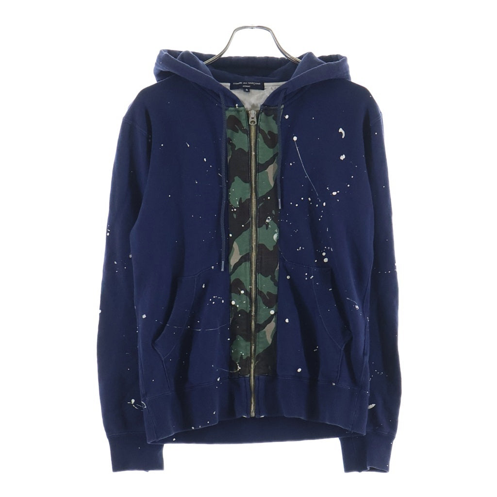 COMME des GARCONS HOMME(コムデギャルソンオム) 12SS AD2011 カモ柄ドッキング切替 ペイント加工 ジップアップ フーデッドパーカー ネイビー HI-T010