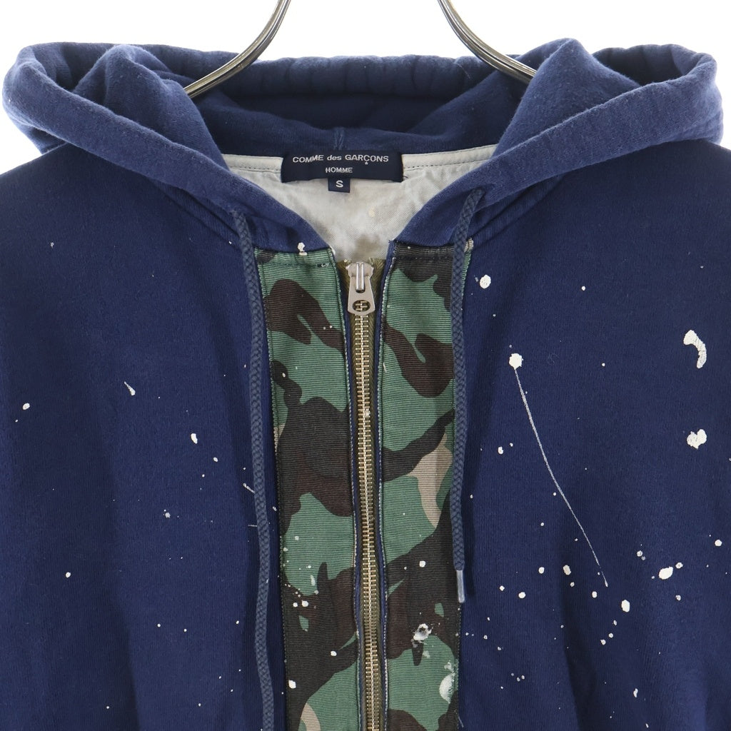 COMME des GARCONS HOMME(コムデギャルソンオム) 12SS AD2011 カモ柄ドッキング切替 ペイント加工 ジップアップ フーデッドパーカー ネイビー HI-T010
