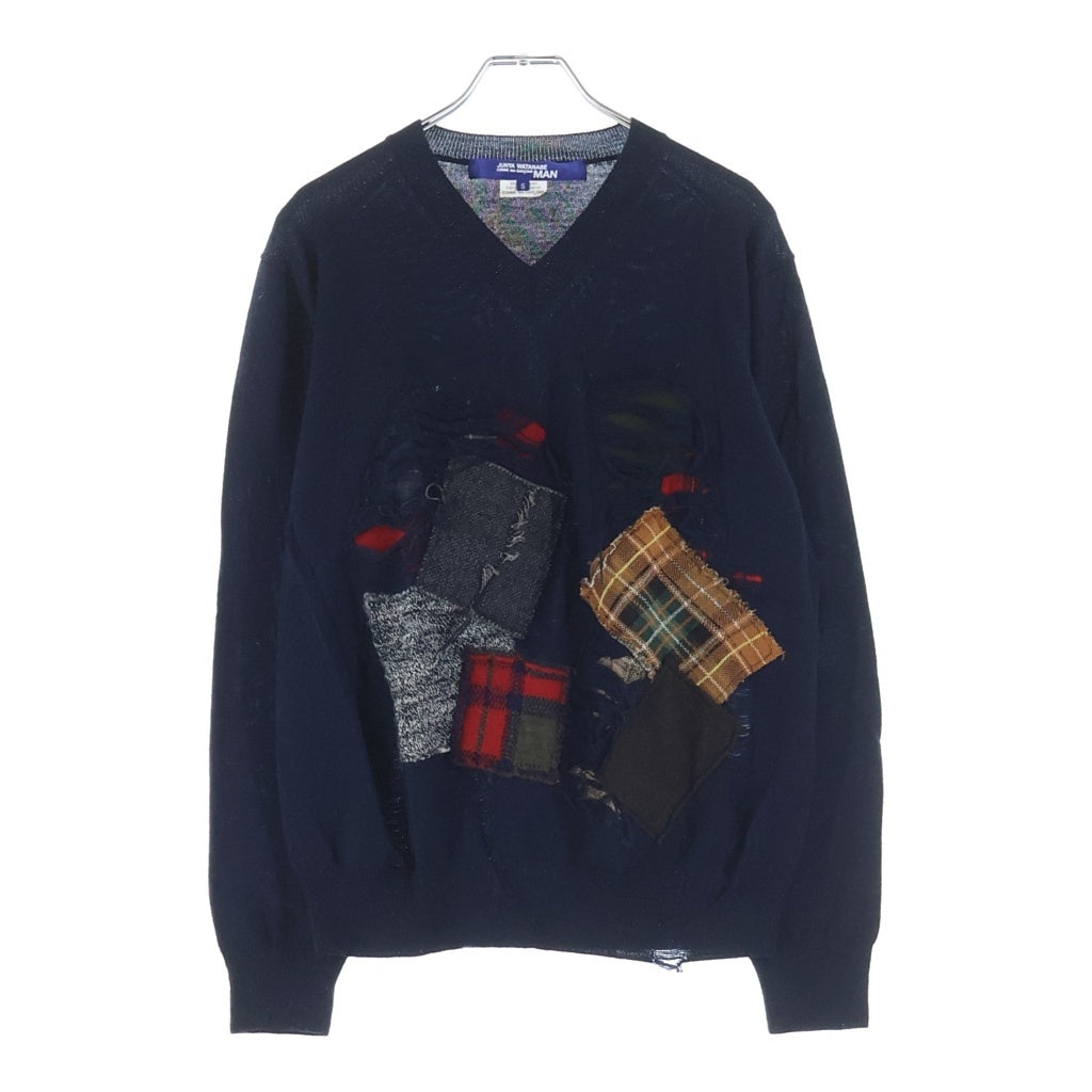 COMME des GARCONS JUNYA WATANABE MAN(コムデギャルソンジュンヤワタナベマン) 14AW AD2014 ウールパッチ切替 ダメージ加工 Vネックニット ネイビー WN-N001