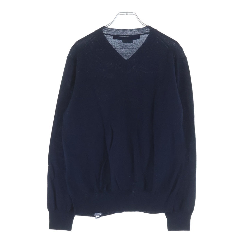 COMME des GARCONS JUNYA WATANABE MAN(コムデギャルソンジュンヤワタナベマン) 14AW AD2014 ウールパッチ切替 ダメージ加工 Vネックニット ネイビー WN-N001