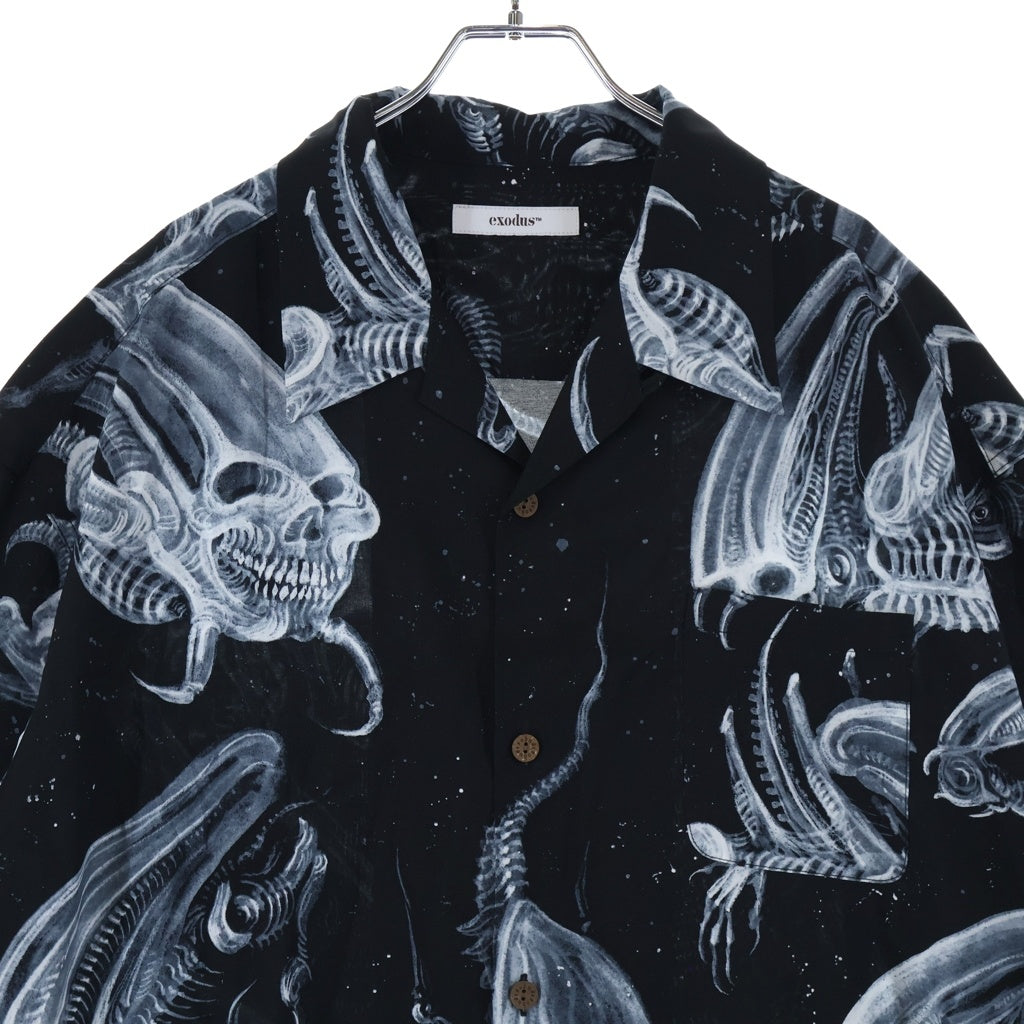 EXODUS(エクソダス) 25SS ×TIM LIHI SPACE HAWAIIAN SHIRT ティムリーハイ スペース スカルプリント 半袖 ハワイアンシャツ ブラック 25SS-SH-HW03