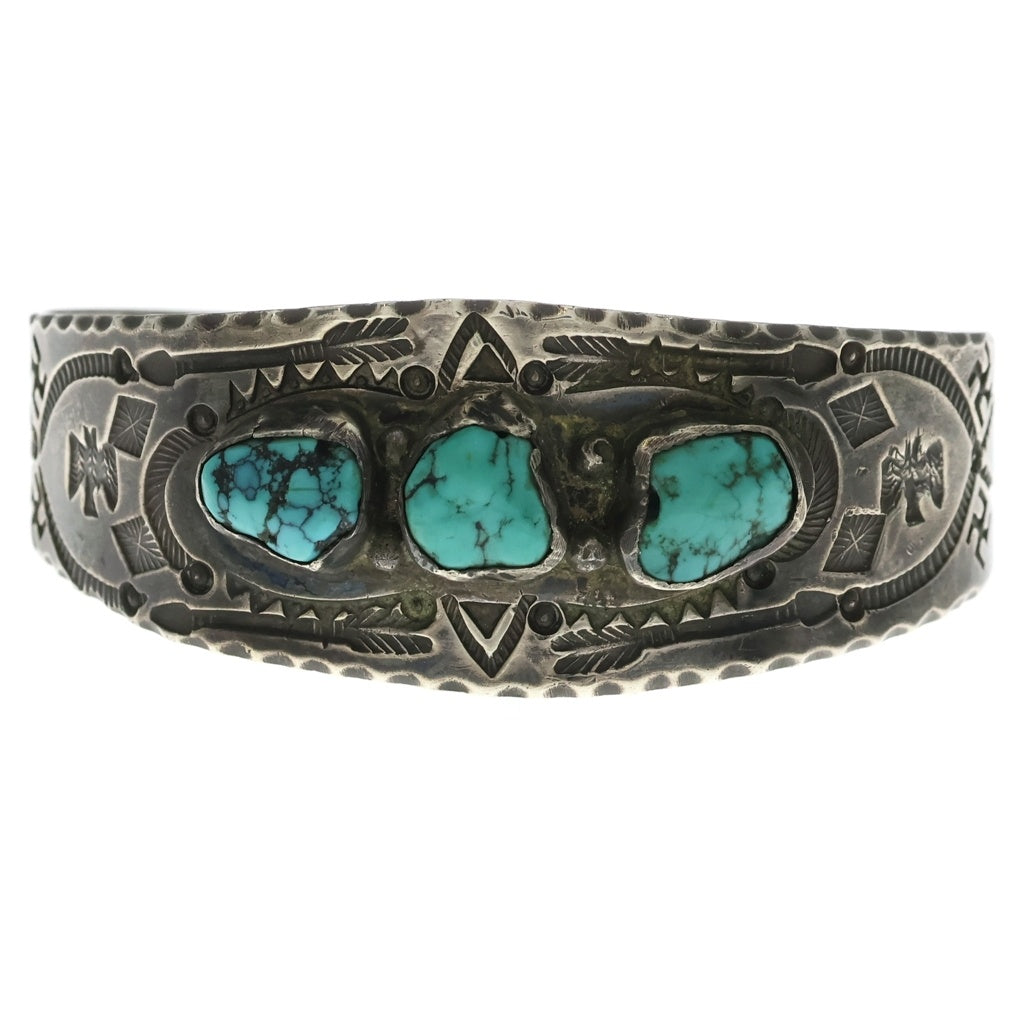 INDIAN JEWELRY(インディアンジュエリー) NAVAJO ナバホ族 3連ナゲットターコイズ スタンプワーク ブレスレット バングル シルバー レディース