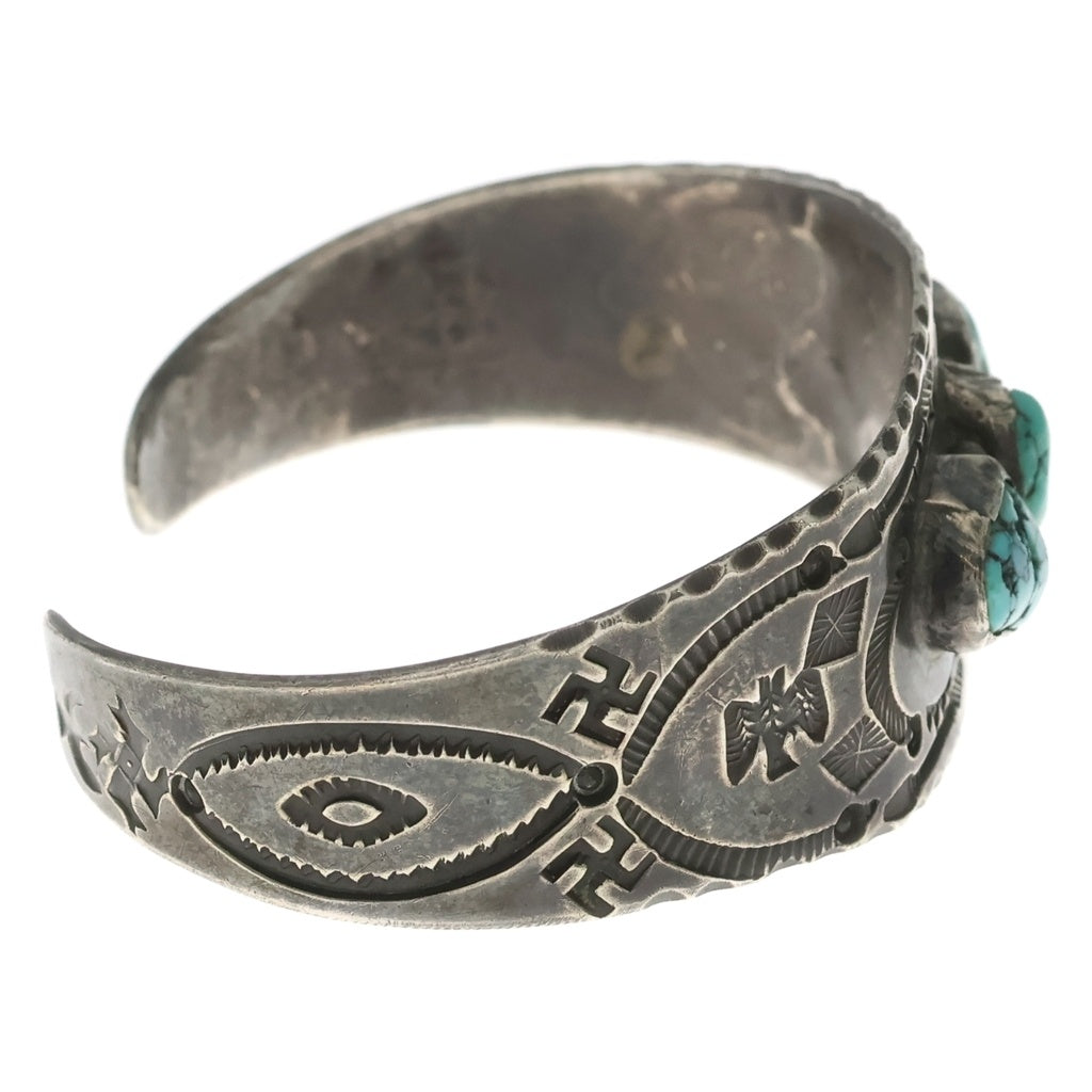 INDIAN JEWELRY(インディアンジュエリー) NAVAJO ナバホ族 3連ナゲットターコイズ スタンプワーク ブレスレット バングル シルバー レディース