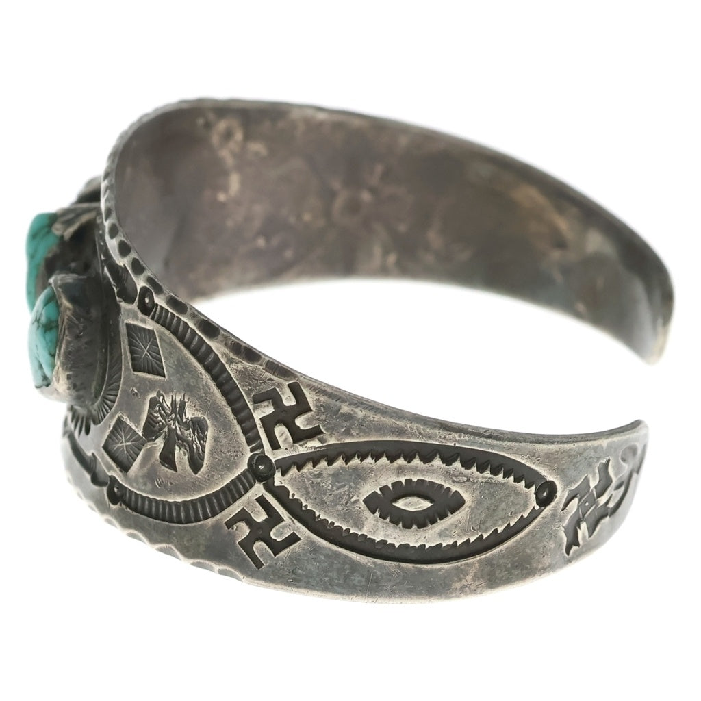 INDIAN JEWELRY(インディアンジュエリー) NAVAJO ナバホ族 3連ナゲットターコイズ スタンプワーク ブレスレット バングル シルバー レディース