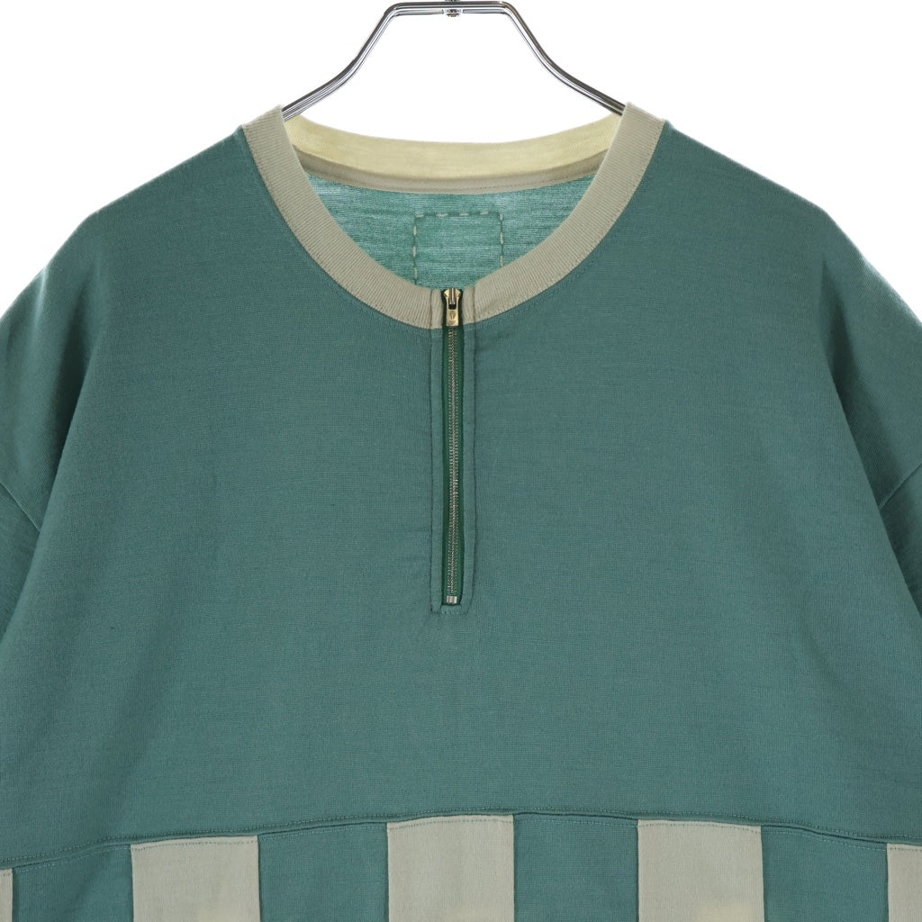 VISVIM(ヴィスヴィム) 25SS MERCKX CB ZIP P.O S/S チェッカー柄 ハーフジップ クルーネック半袖ニット グリーン 0125105010007