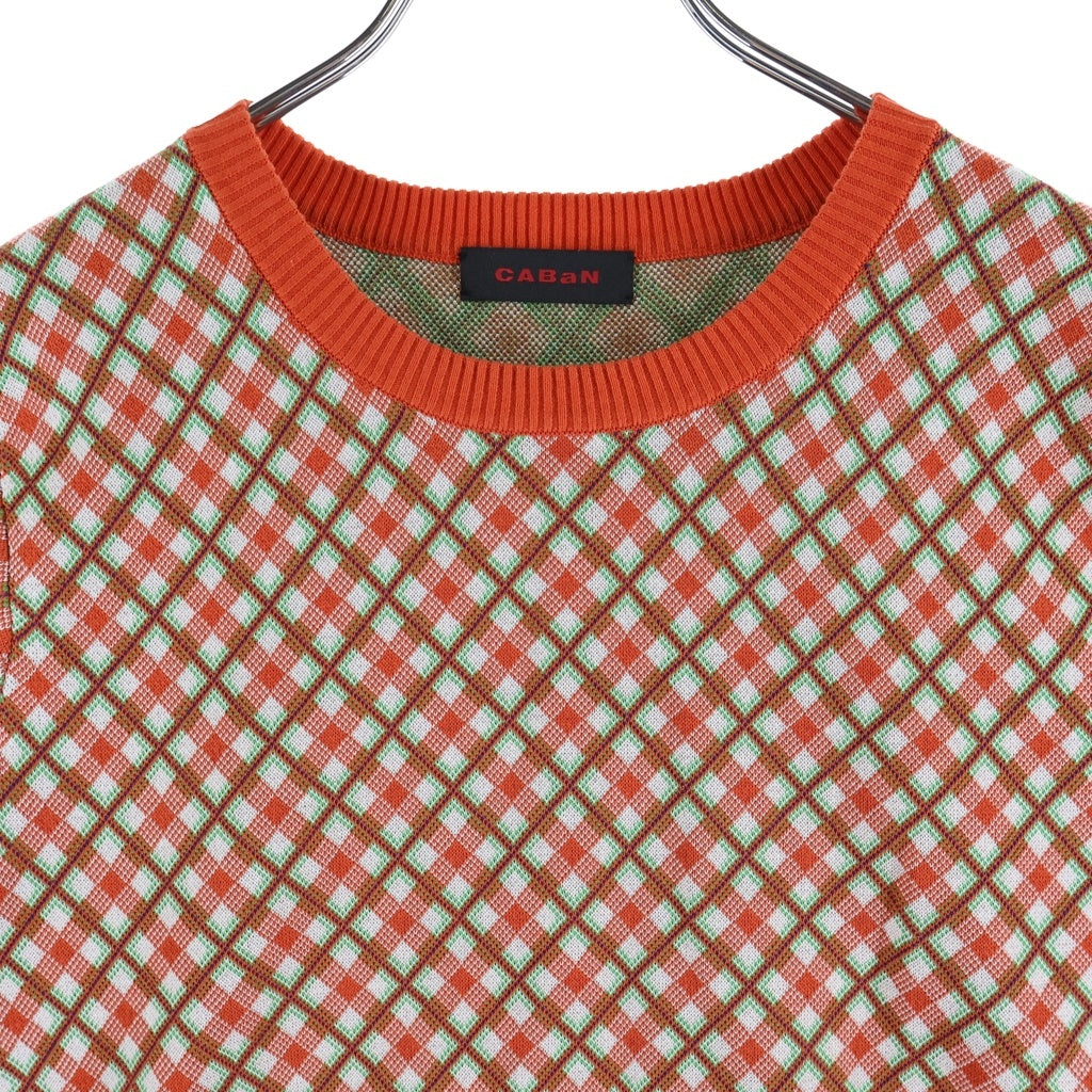 CABaN(キャバン) 25AW コットンポリエステル チェックジャカード ショートスリーブプルオーバー 半袖ニットセーター レッド レディース 39-02-54-02002