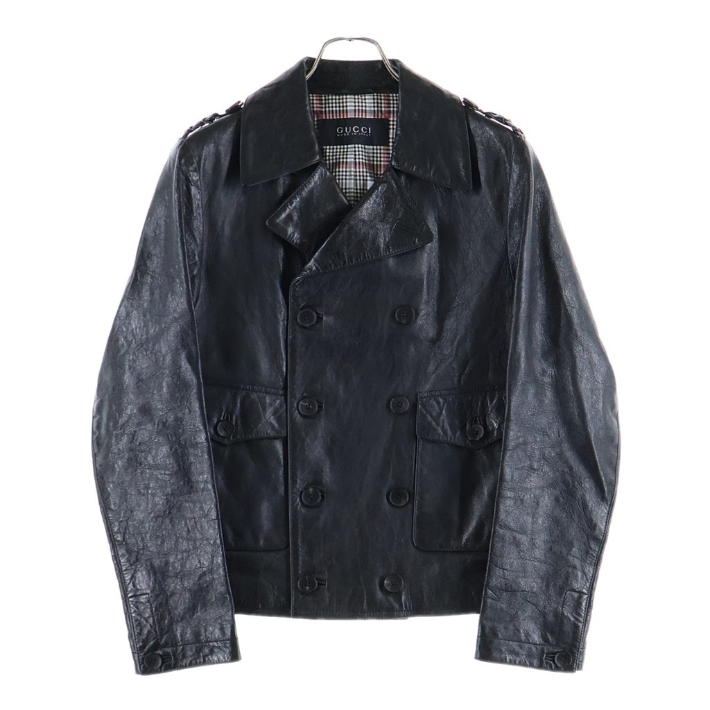 GUCCI(グッチ) トムフォード期 裏地チェック柄 レザーダブルブレストジャケット イタリア製 ブラック