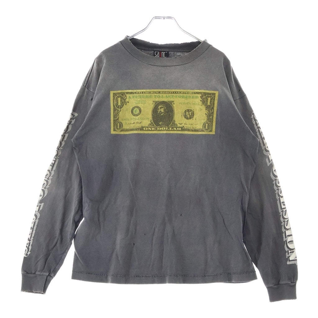 SAINT MICHAEL(セントマイケル) 22AW KMR_LS TEE/$ 河村康輔 両面ロゴプリント ヴィンテージ加工 クルーネック長袖Tシャツ カットソー グレー SM-A22-0000-083