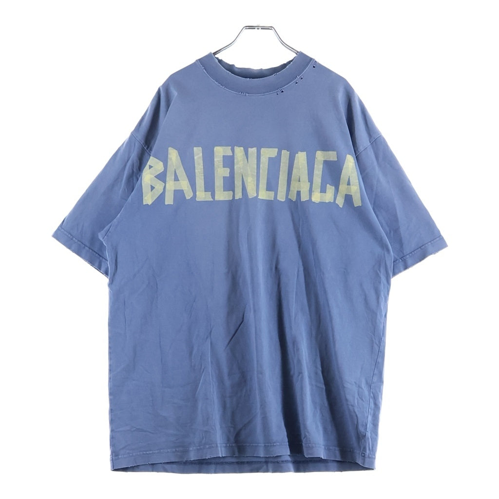BALENCIAGA(バレンシアガ) 23SS TAPE TYPE T-Shirt テープロゴ 両面プリント ダメージ加工 クルーネック半袖Tシャツ カットソー ブルー 739784 T0VA9