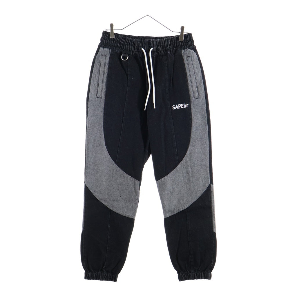 SAPEur(サプール) DENIM TRACK PANTS ロゴ刺繍 デニム イージージョガーパンツ ブラック