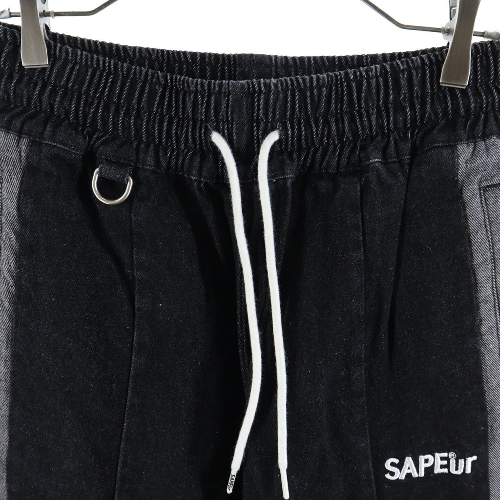 SAPEur(サプール) DENIM TRACK PANTS ロゴ刺繍 デニム イージージョガーパンツ ブラック