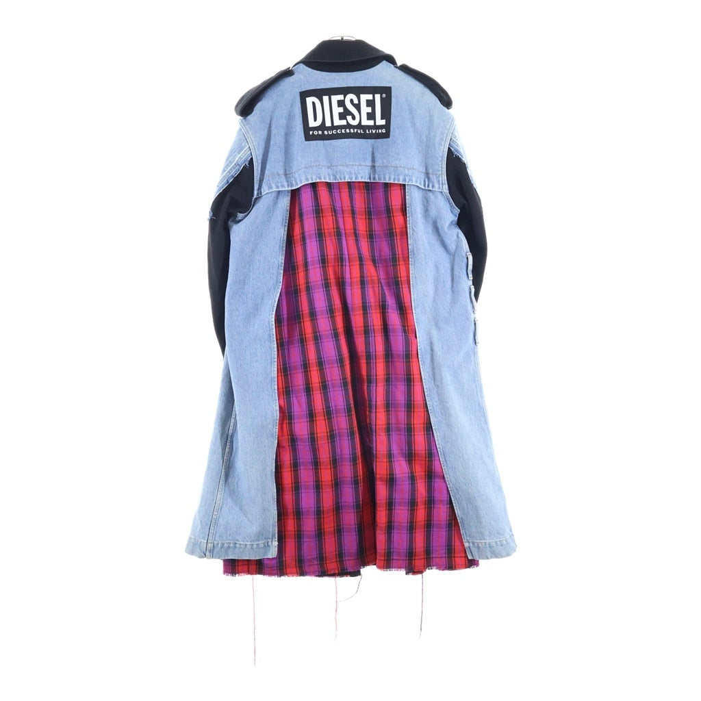DIESEL(ディーゼル) ドッキング ミックスデニム タータンチェック切替 ロングトレンチコート ブラック/インディゴ