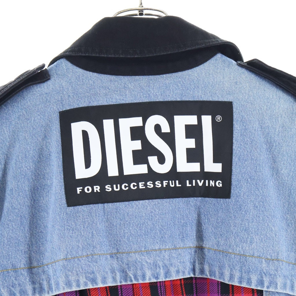 DIESEL(ディーゼル) ドッキング ミックスデニム タータンチェック切替 ロングトレンチコート ブラック/インディゴ
