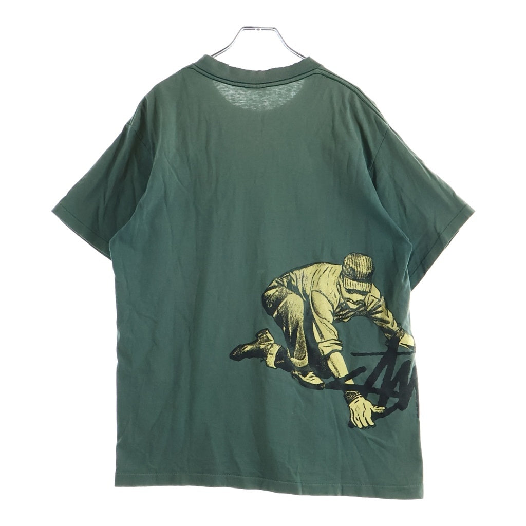 STUSSY(ステューシー) 80S VINTAGE OLD ヴィンテージ オールド 黒タグ USA製 クラフトマンプリント クルーネック半袖Tシャツ カットソー グリーン