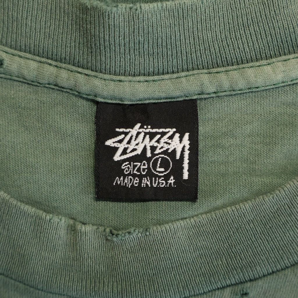 STUSSY(ステューシー) 80S VINTAGE OLD ヴィンテージ オールド 黒タグ USA製 クラフトマンプリント クルーネック半袖Tシャツ カットソー グリーン