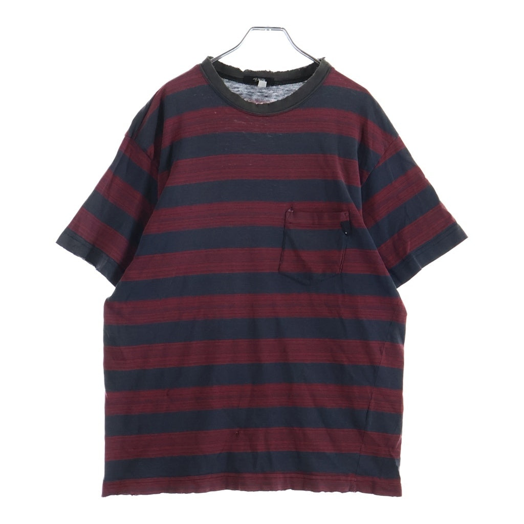 STUSSY(ステューシー) 80S VINTAGE OLD ヴィンテージ オールド バータグ フロントポケット ボーダー クルーネック半袖Tシャツ カットソー レッド/ブラック