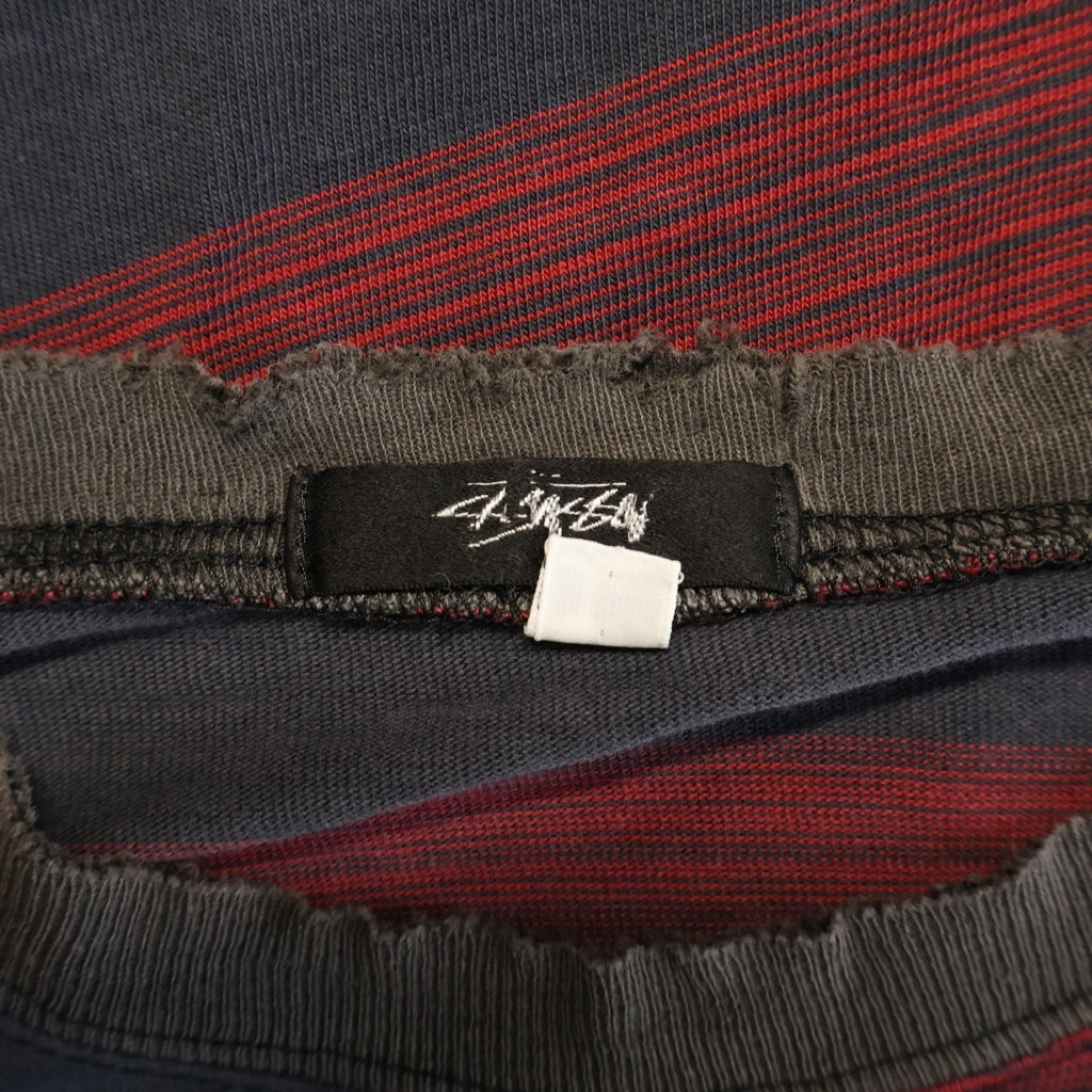 STUSSY(ステューシー) 80S VINTAGE OLD ヴィンテージ オールド バータグ フロントポケット ボーダー クルーネック半袖Tシャツ カットソー レッド/ブラック