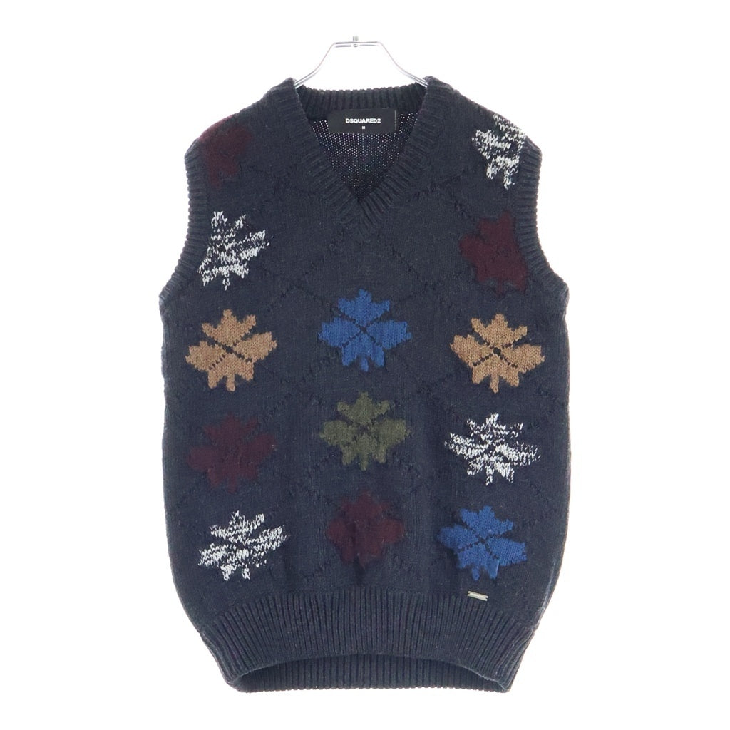 DSQUARED2(ディースクエアード) 17AW メープルリーフ アーガイル柄 Vネックニットベスト セーター グレー S71HA0744