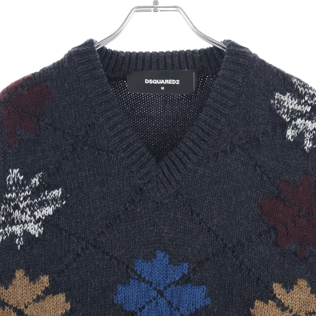 DSQUARED2(ディースクエアード) 17AW メープルリーフ アーガイル柄 Vネックニットベスト セーター グレー S71HA0744