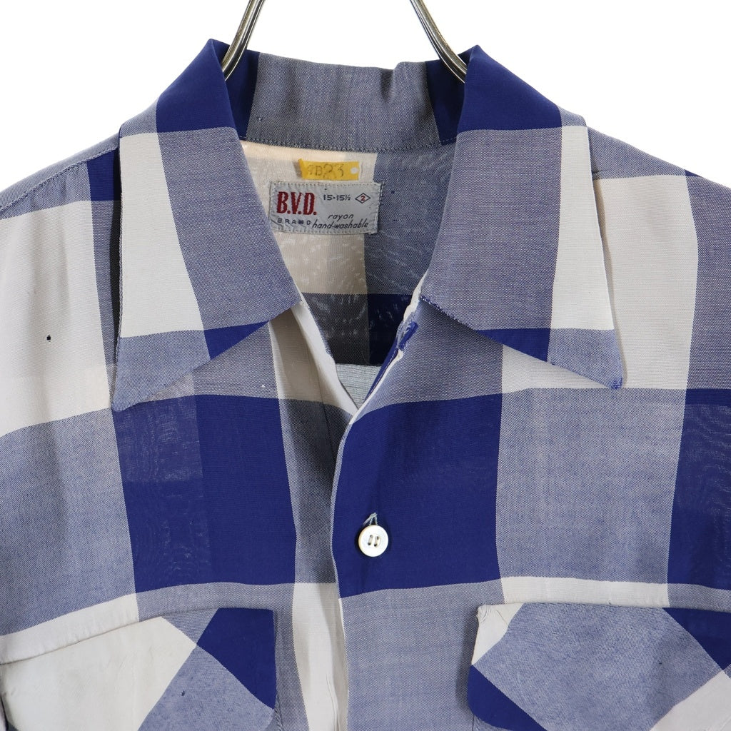 VINTAGE(ヴィンテージ) 50-60S VINTAGE B.V.D. RAYON L/S SHIRT ヴィンテージ ビーブイディー チェック柄 長袖レーヨンオープンカラー 開襟シャツ ブルー/ホワイト