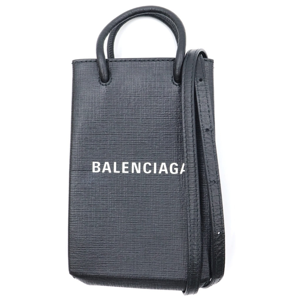 BALENCIAGA(バレンシアガ) SHOPPING PHONE HOLDER ショッピングフォンホルダー ロゴプリント レザーショルダーバッグ ハンドバッグ ブラック 593826