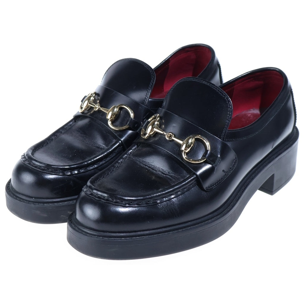 GUCCI(グッチ) ホースビット プラットフォーム レザーローファー ゴールド金具 レディース ブラック 794378