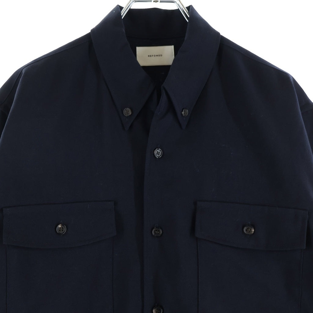 NO BRAND(ノーブランド) REFOMED WOOL MID リフォメッド ウールミッド ボタンダウン 長袖シャツ ネイビー RESH-YN01