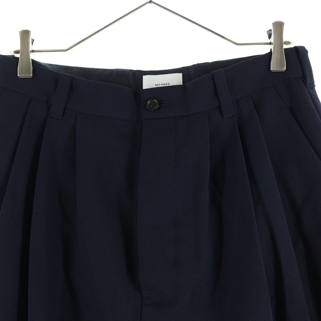 NO BRAND(ノーブランド) REFOMED WOOL SLEEK リフォメッド 3タック ウール ワイドスラックス ネイビー REPT-YN01