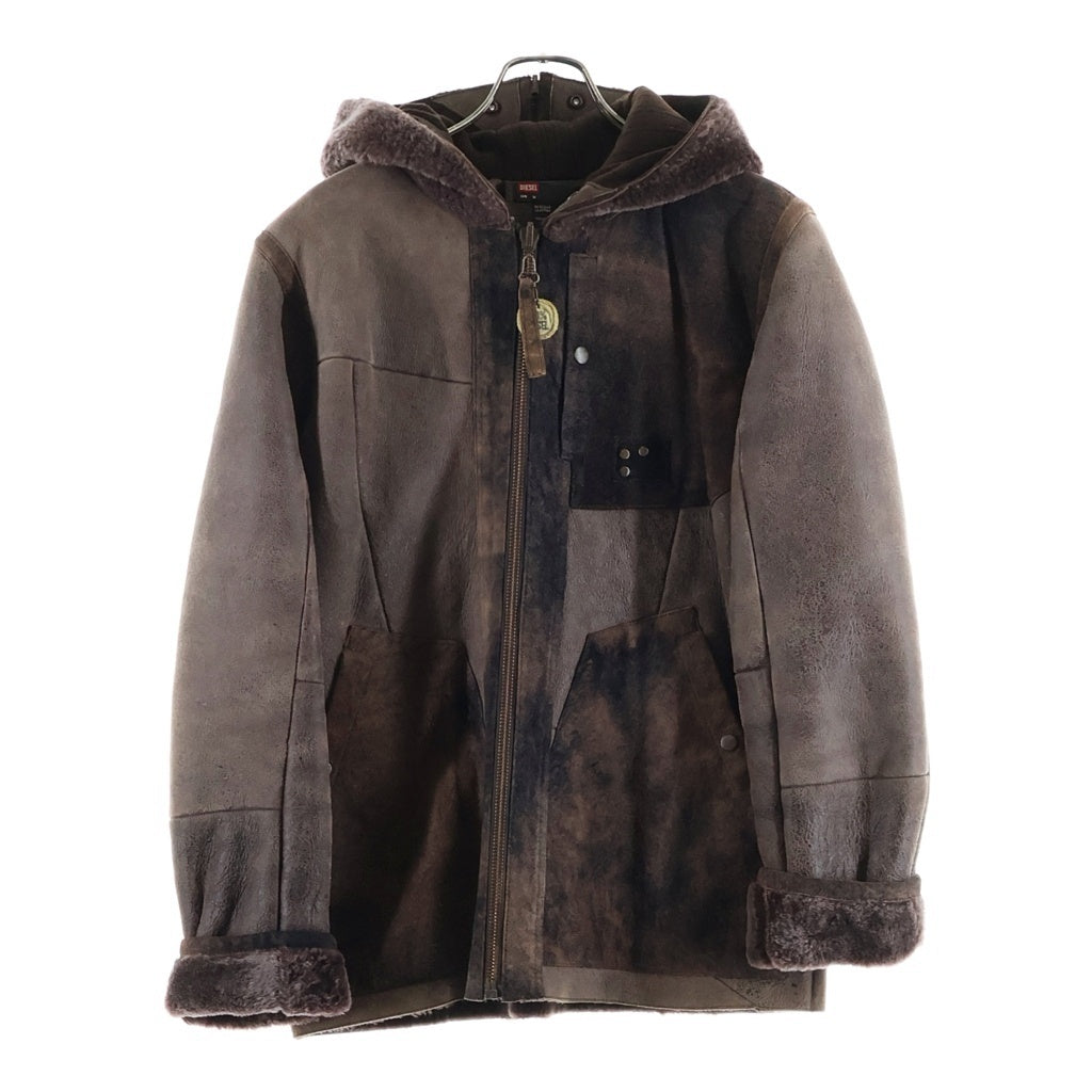DIESEL(ディーゼル) センタージップボアフード パッチワーク スエードレザージャケット ブラウン