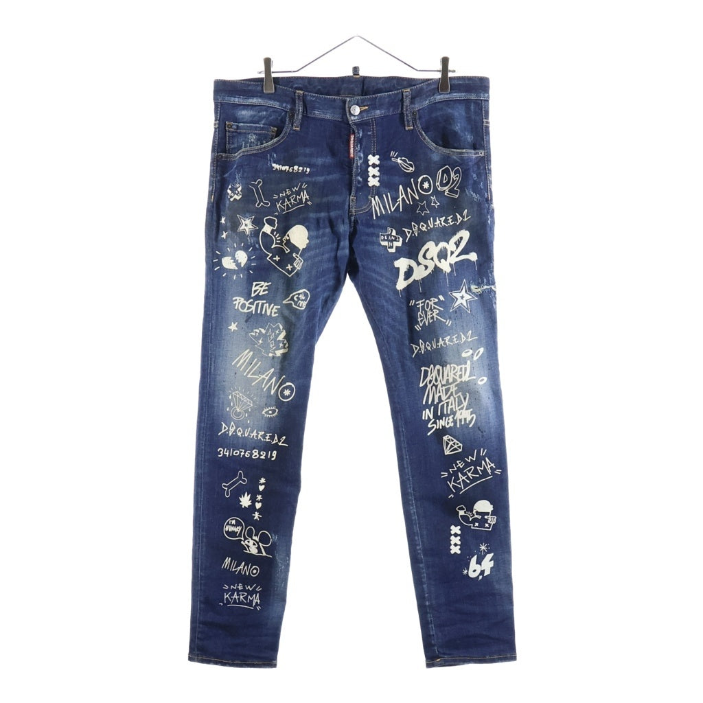 DSQUARED2(ディースクエアード) 22SS GRAFFITI SKATER JEAN グラフィティ スケーター ペイント加工 ボタンフライ スリムフィットジーンズ デニムパンツ インディゴ S74LB1099