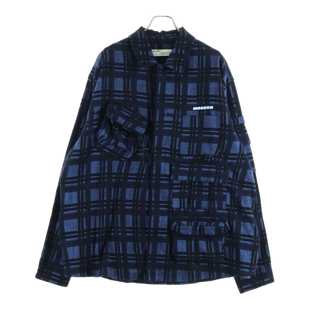 OFF-WHITE(オフホワイト) 20SS チェック総柄 ロゴラバープリント マルチポケットフランネル長袖シャツ ブラック/ブルー OMGA114S20H93020