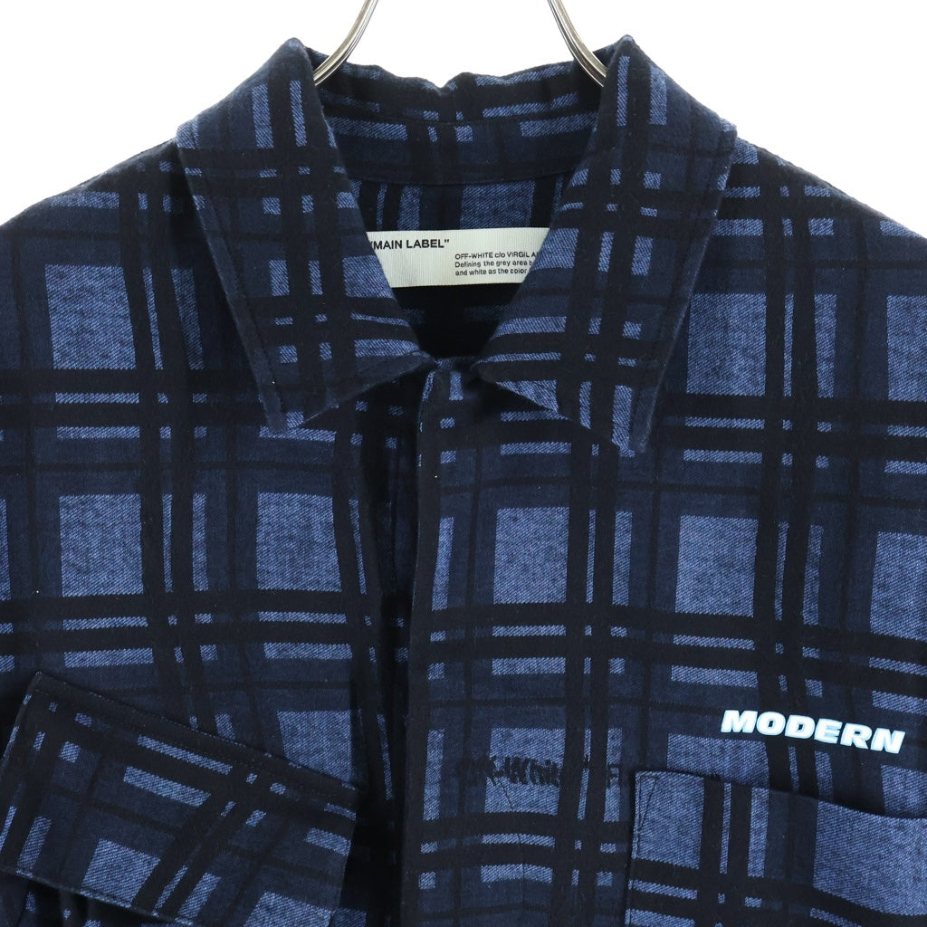 OFF-WHITE(オフホワイト) 20SS チェック総柄 ロゴラバープリント マルチポケットフランネル長袖シャツ ブラック/ブルー OMGA114S20H93020