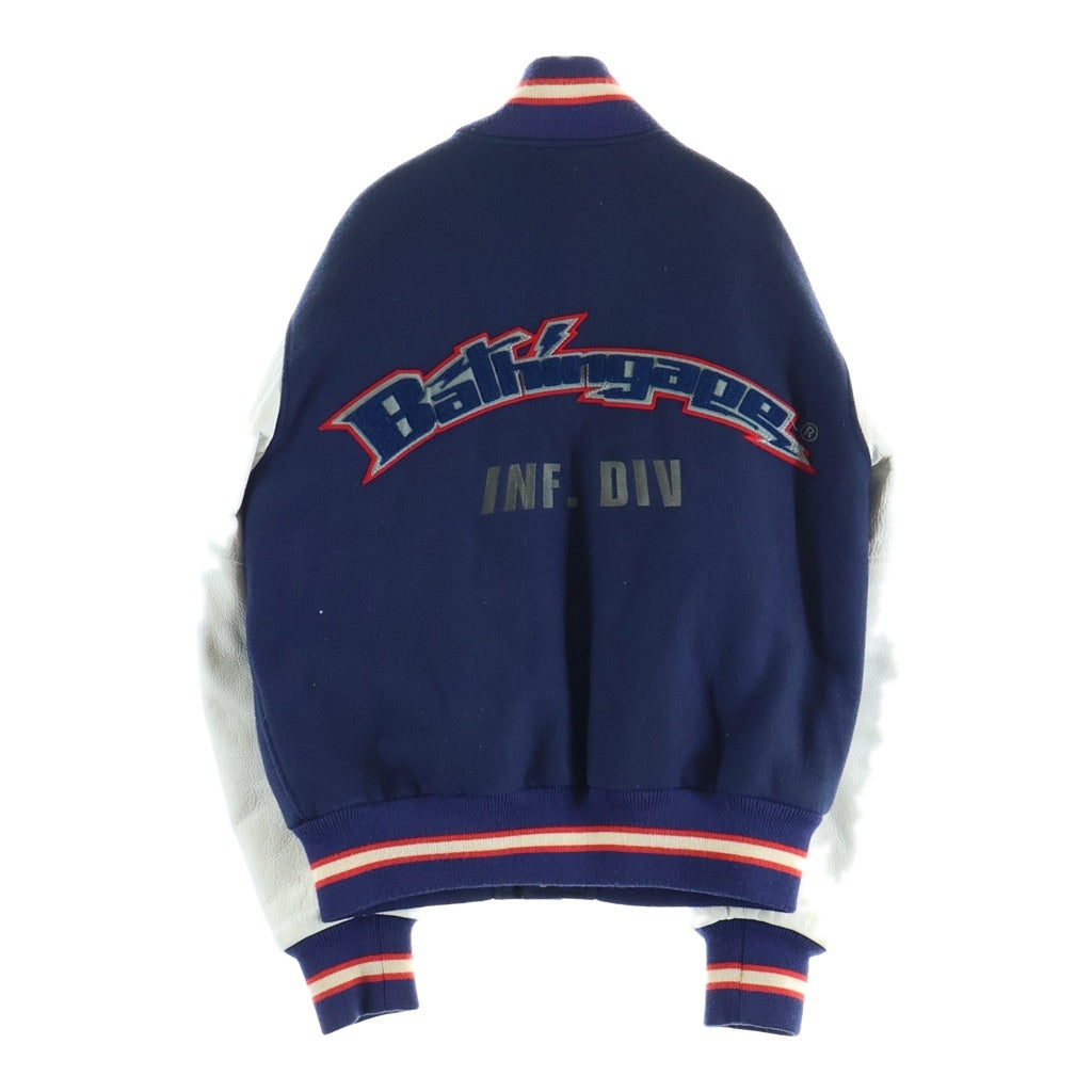 A BATHING APE(アベイシングエイプ) 90S VINTAGE VARSITY JACKET ヴィンテージ アームレザー切替 チェーンステッチ ロゴワッペン バーシティージャケット スタジャン ネイビー