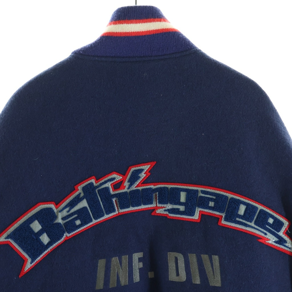 A BATHING APE(アベイシングエイプ) 90S VINTAGE VARSITY JACKET ヴィンテージ アームレザー切替 チェーンステッチ ロゴワッペン バーシティージャケット スタジャン ネイビー