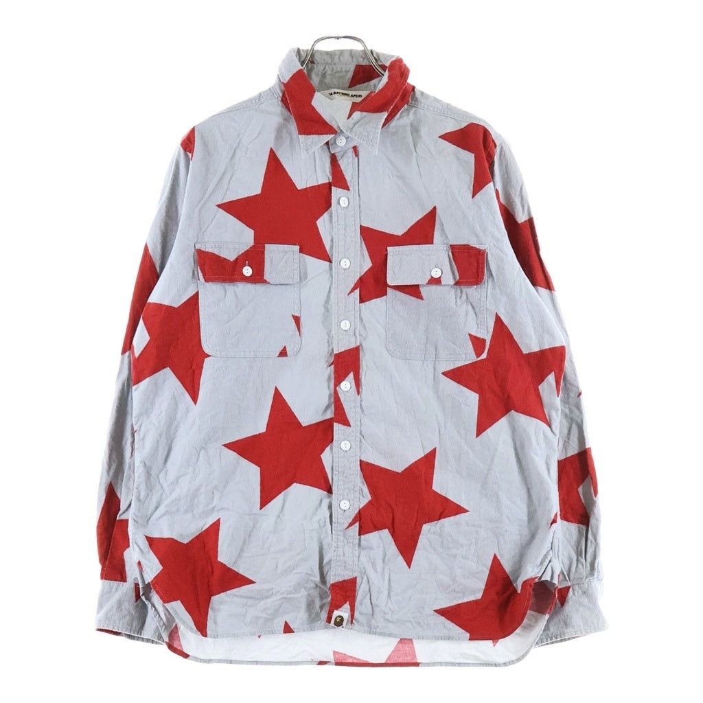 A BATHING APE(アベイシングエイプ) スター総柄 シャモアクロス 長袖シャツ ブルー/レッド