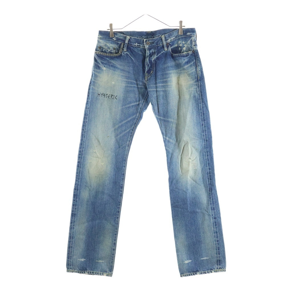 HYSTERIC GLAMOUR(ヒステリックグラマー) ピラミッドスタッズ ロゴステンシル ダメージ加工デニムパンツ ボタンフライジーンズ インディゴ 4AP-2114