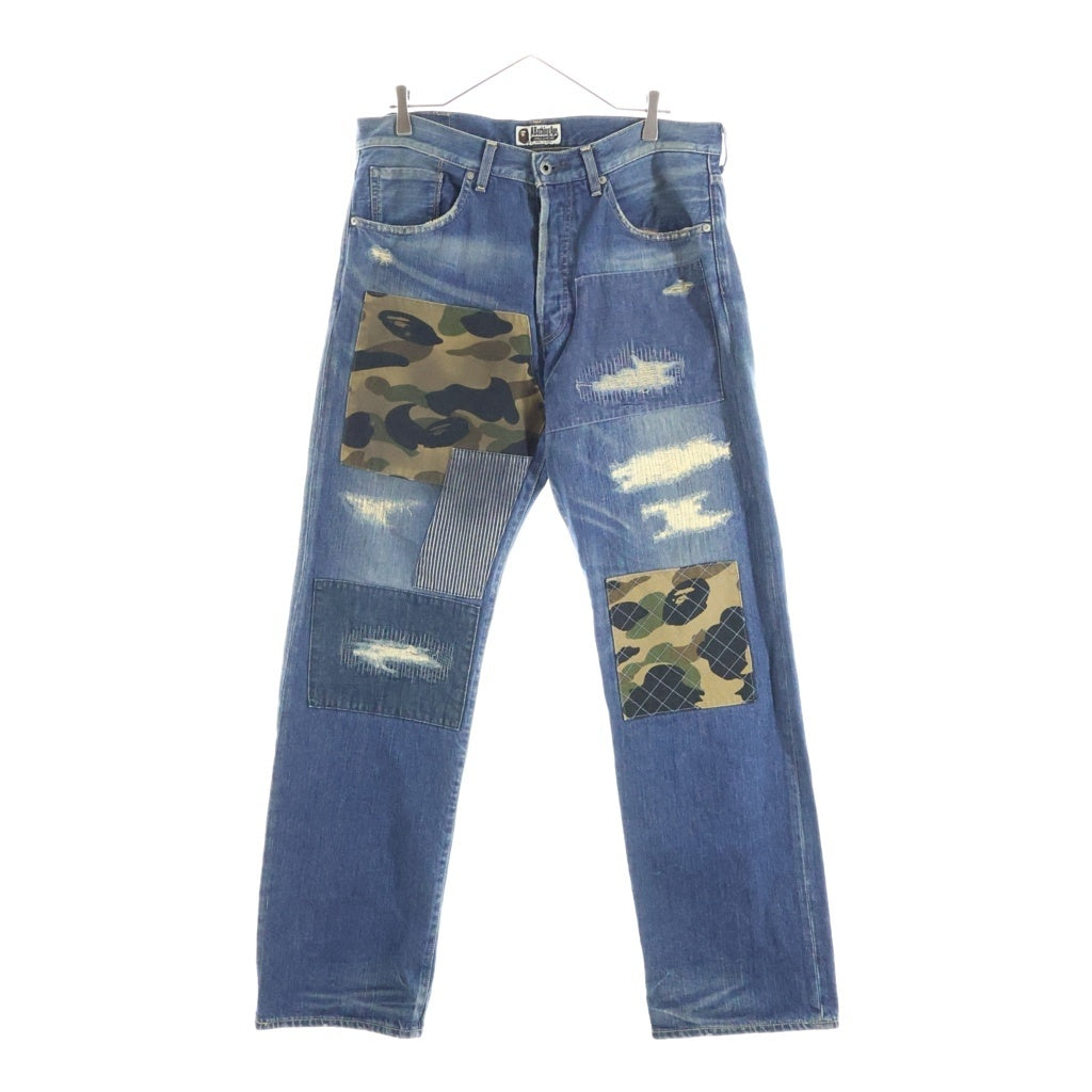 A BATHING APE(アベイシングエイプ) TYPE2 カモ柄パッチワーク リペア加工デニムパンツ ボタンフライジーンズ インディゴ 1870-150-029
