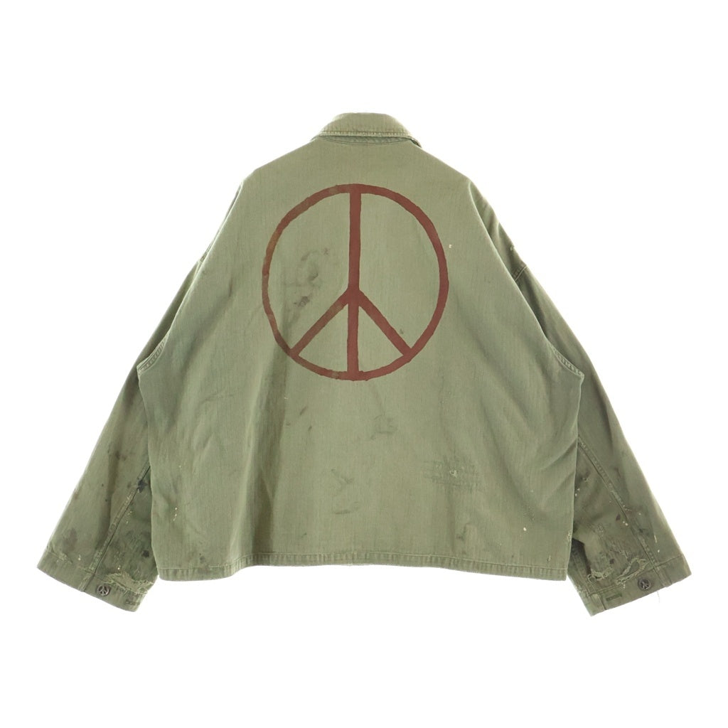 READY MADE(レディメイド) 24AW HERINGBONE SHIRT JACKET ピースマークステンシル ヴィンテージ加工 ヘリンボーン ミリタリーシャツジャケット オリーブ RE-CO-KH-00-00-259